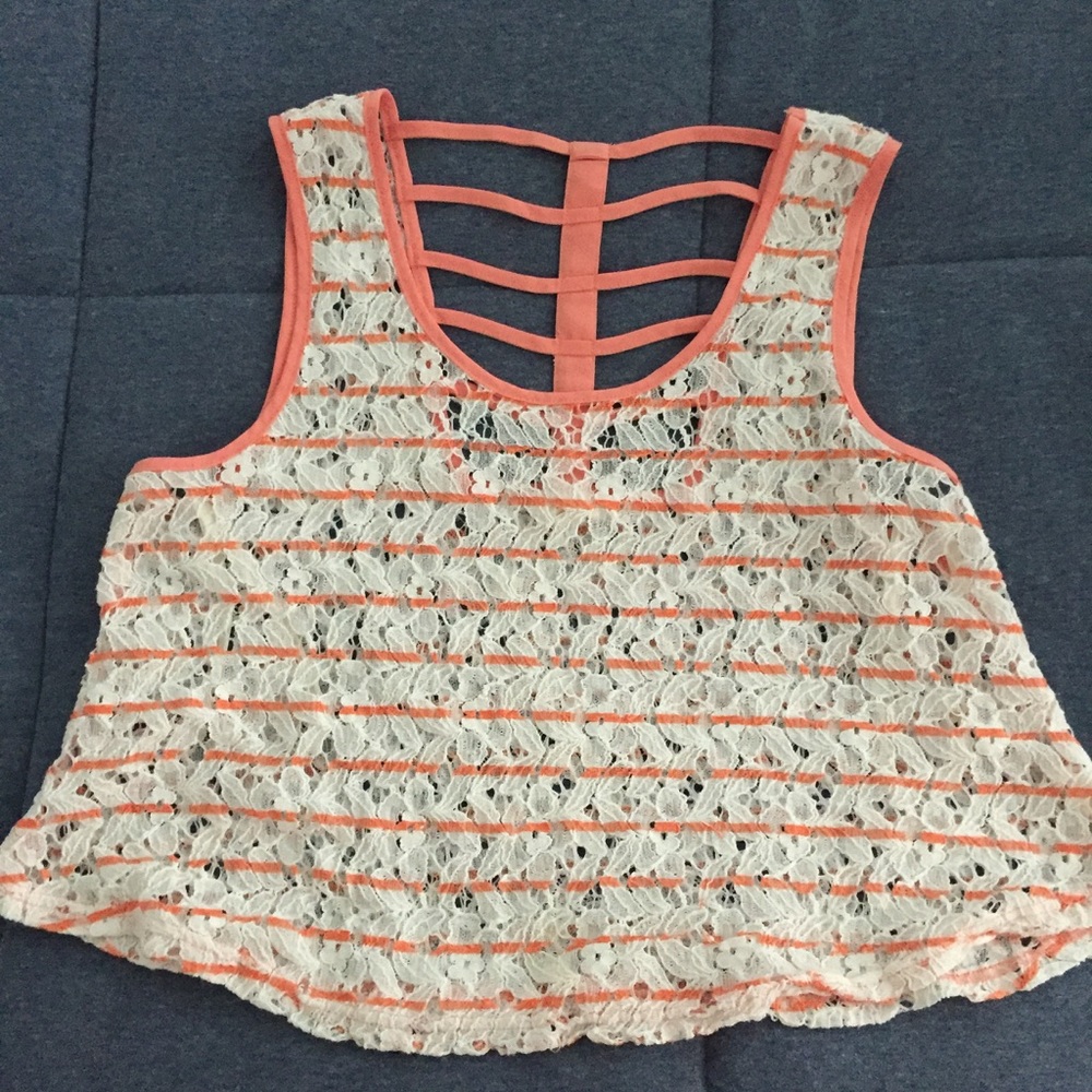 White + Peach Lace Cropped Tank Top